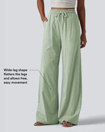 High Waisted Drawstring Wide Leg Baggy Casual Stretch Linen Pants with Pockets High Waisted Drawstring Wide Leg Baggy Casual Stretch Linen Pants with Pockets
