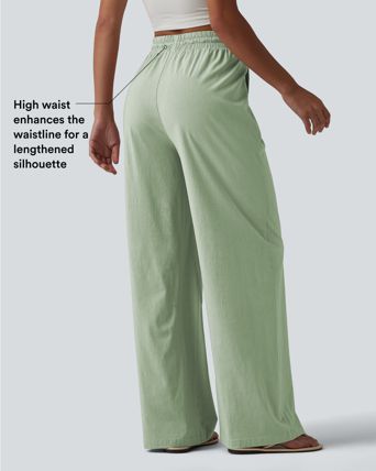 High Waisted Drawstring Wide Leg Baggy Casual Stretch Linen Pants with Pockets High Waisted Drawstring Wide Leg Baggy Casual Stretch Linen Pants with Pockets