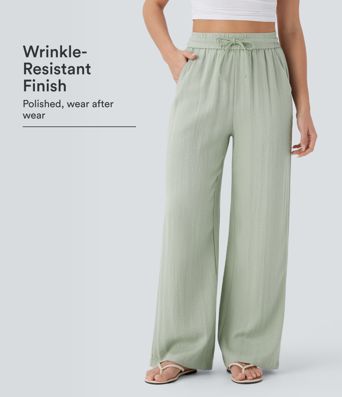 High Waisted Drawstring Pocket Wide Leg Casual Linen-Feel Pants