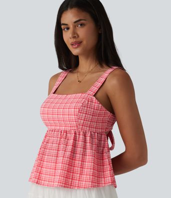 Square Neck Tie Back Plaid Quick Dry Casual Tank Top