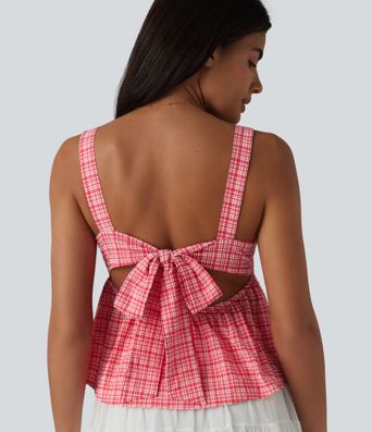 Square Neck Tie Back Plaid Quick Dry Casual Tank Top