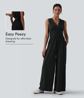 V Neck Sleeveless Ruched Stripes Work Jumpsuit with Pockets-Easy Peezy