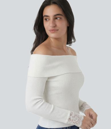 Off Shoulder Contrast Lace Long Sleeve Casual Top