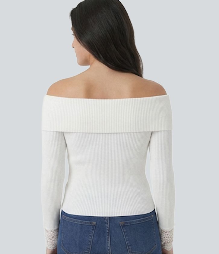 Off Shoulder Contrast Lace Long Sleeve Casual Top