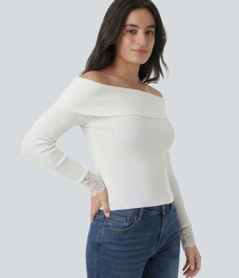 Off Shoulder Contrast Lace Long Sleeve Casual Top