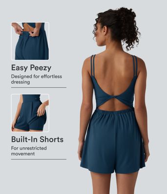 SoftlyZero™ Airy Double Straps Built-in Bra 2-in-1 Cool Touch Yoga Romper with Pockets-Easy Peezy Edition