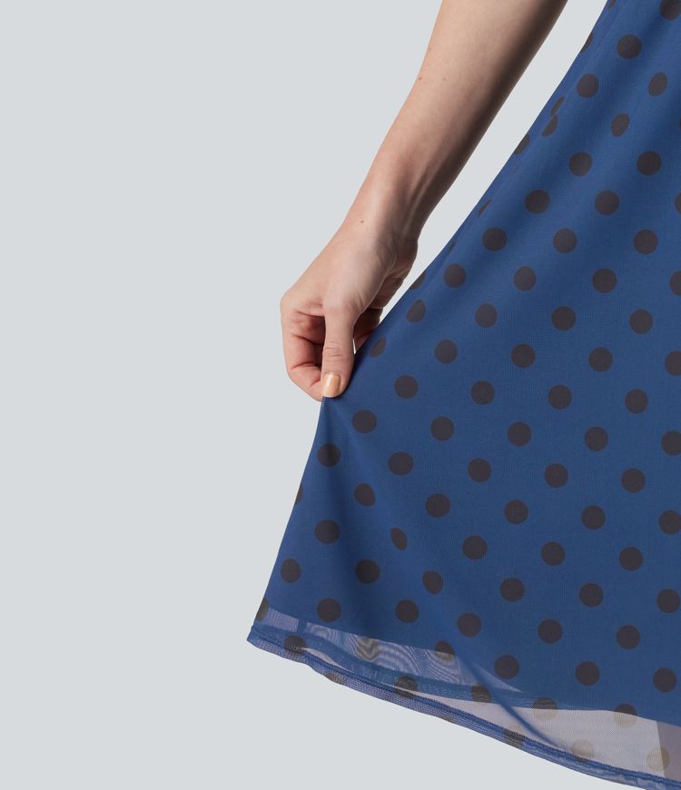 Mock Neck Flounce Sleeve Belted Polka Dot Mesh Casual Dress with Pockets