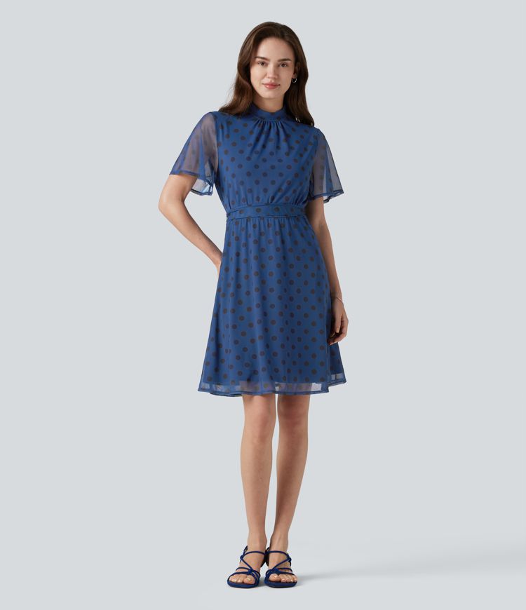 Mock Neck Flounce Sleeve Belted Polka Dot Mesh Casual Dress with Pockets