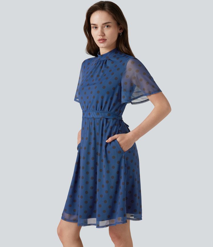 Mock Neck Flounce Sleeve Belted Polka Dot Mesh Casual Dress with Pockets