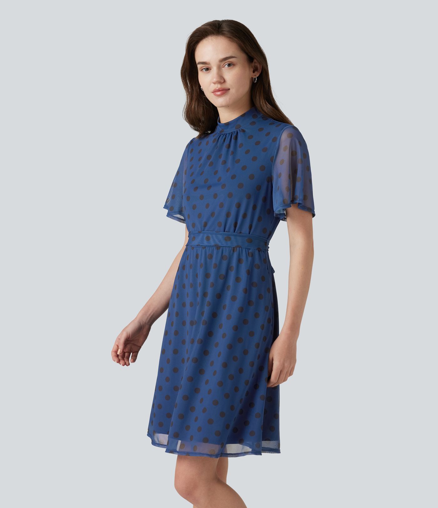 Mock Neck Flounce Sleeve Belted Polka Dot Mesh Casual Dress with Pockets