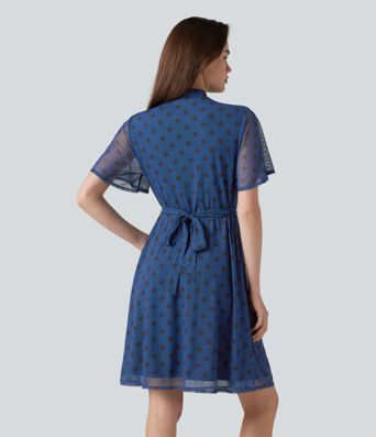 Mock Neck Flounce Sleeve Belted Polka Dot Mesh Casual Dress with Pockets