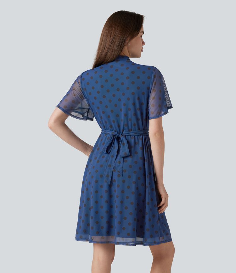 Mock Neck Flounce Sleeve Belted Polka Dot Mesh Casual Dress with Pockets