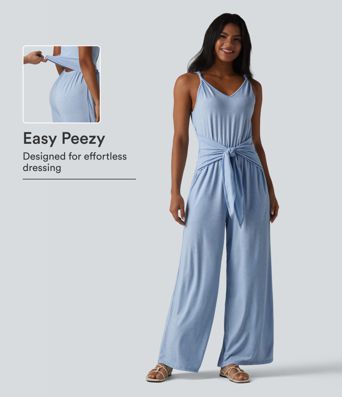 V Neck Sleeveless Tie Front Wide Leg Casual Jumpsuit with Pockets-Easy Peezy Edition