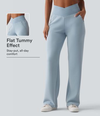 SpacerTek™ High Waisted Crossover Tummy Control Straight Leg Casual Pants with Pockets