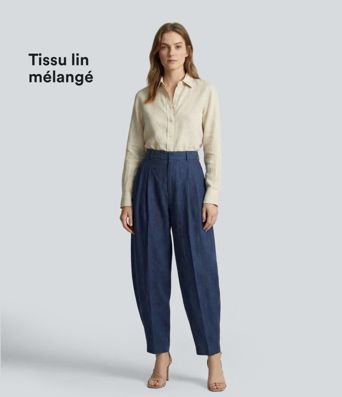 Pantalon tailleur taille mi-haute jambes fuselées en lin et coton