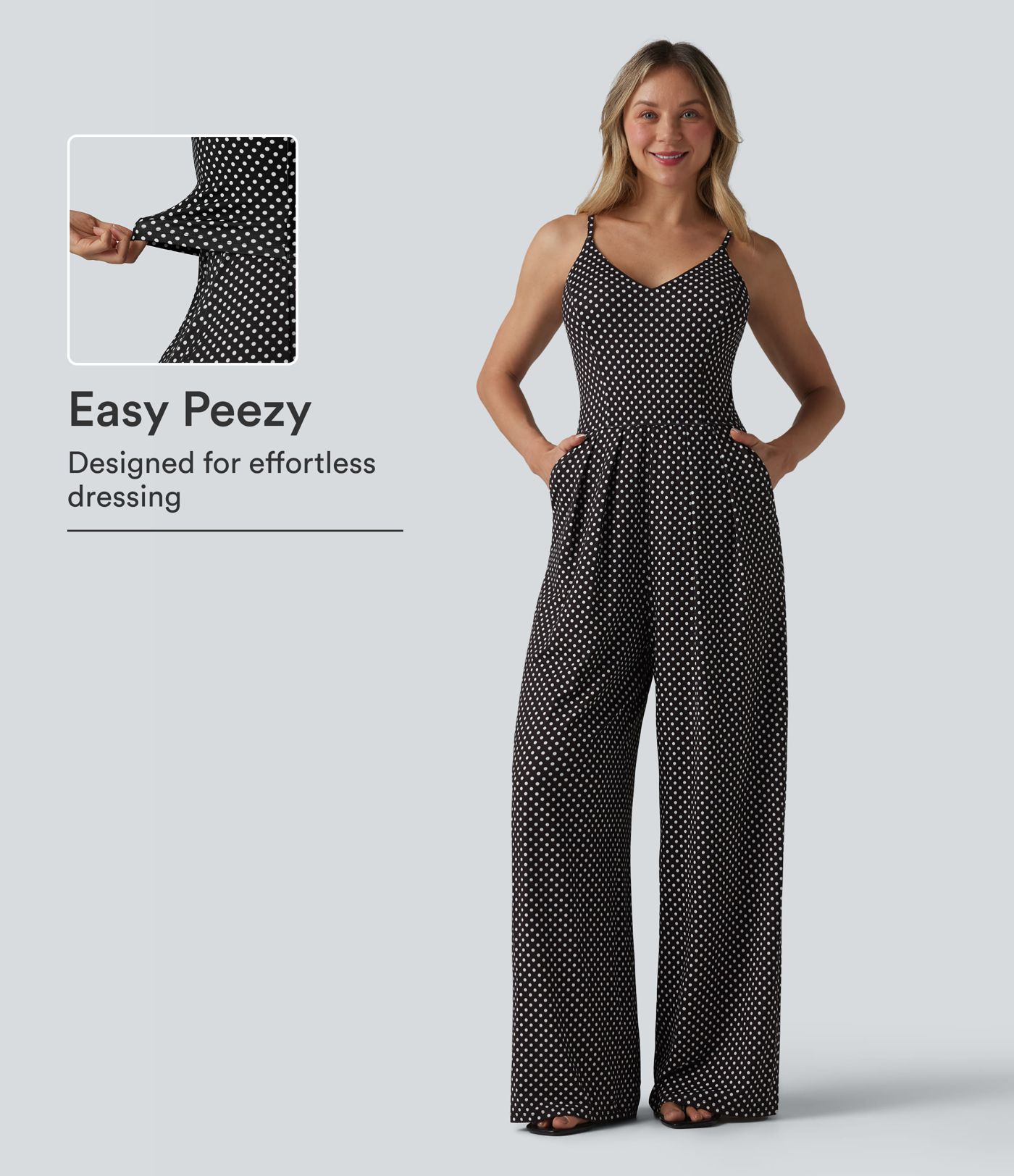Jumpsuit mit V-Ausschnitt, Seitentaschen und Polka-Dots - Easy Peezy Edition Jumpsuit mit V-Ausschnitt, Seitentaschen und Polka-Dots - Easy Peezy Edition