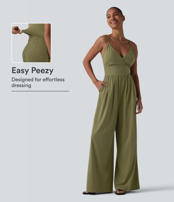 V Neck Built-in Bra Casual Slip Jumpsuit with Pockets-Easy Peezy Edition