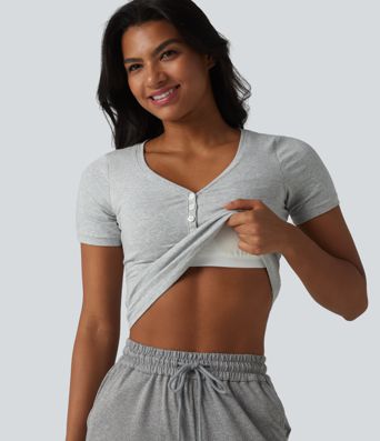 Halara Cotton Jersey V-neck Short Sleeve Built-in Bra Casual T-Shirt B-DD Cups