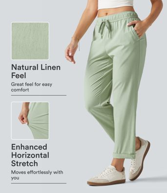 Mid Rise Drawstring Casual Stretch Linen Slim Pants with Pockets