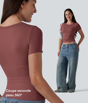 T-shirt décontracté col rond échancré à manches courtes avec soutien-gorge intégré bonnets B-DD T-shirt décontracté col rond échancré à manches courtes avec soutien-gorge intégré bonnets B-DD
