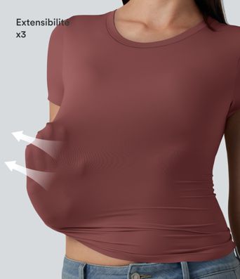 T-shirt décontracté col rond échancré à manches courtes avec soutien-gorge intégré bonnets B-DD T-shirt décontracté col rond échancré à manches courtes avec soutien-gorge intégré bonnets B-DD