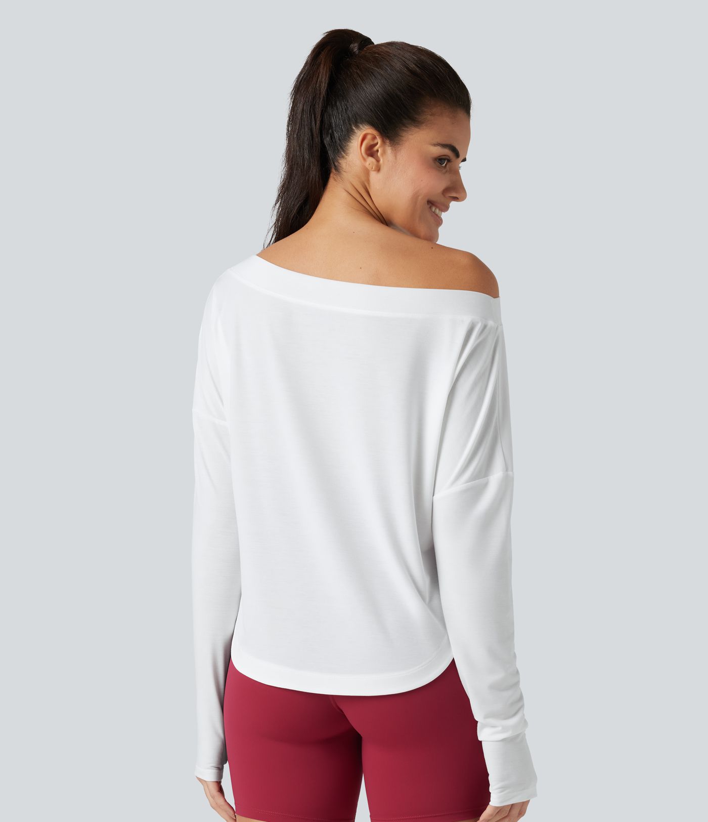 One Shoulder Long Sleeve Thumb Hole Curved Hem High Low Quick Dry Yoga Sports Top