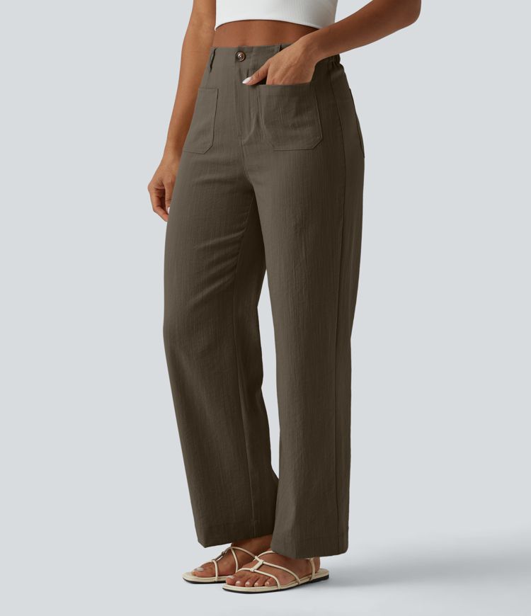 High Waisted Straight Leg Casual Linen-Feel Pants with Pockets