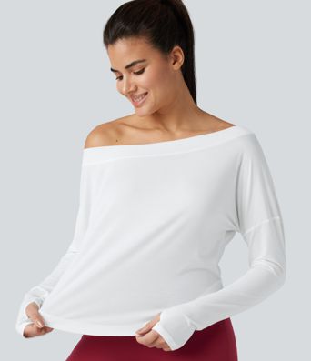 One Shoulder Long Sleeve Thumb Hole Curved Hem High Low Quick Dry Yoga Sports Top