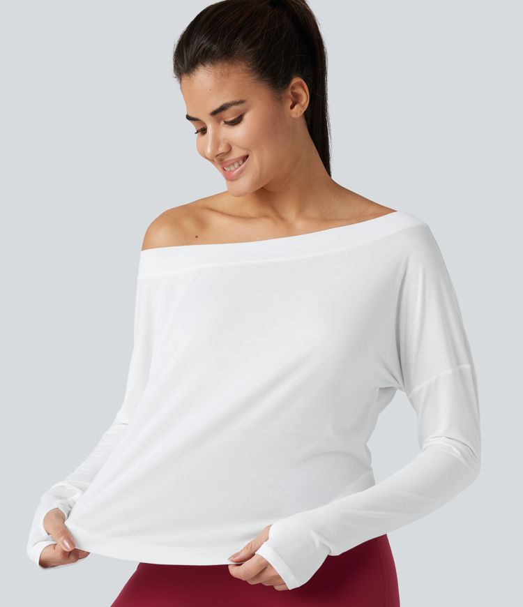 One Shoulder Long Sleeve Thumb Hole Curved Hem High Low Quick Dry Yoga Sports Top