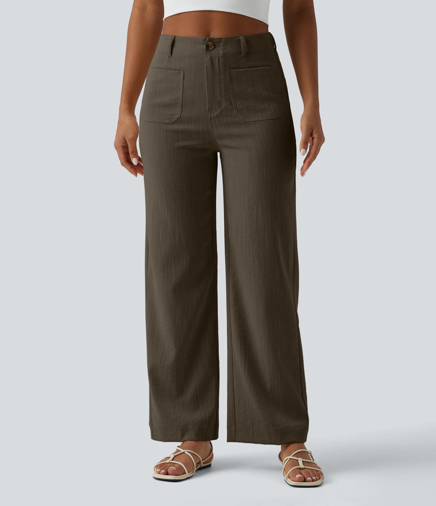 High Waisted Straight Leg Casual Linen-Feel Pants with Pockets