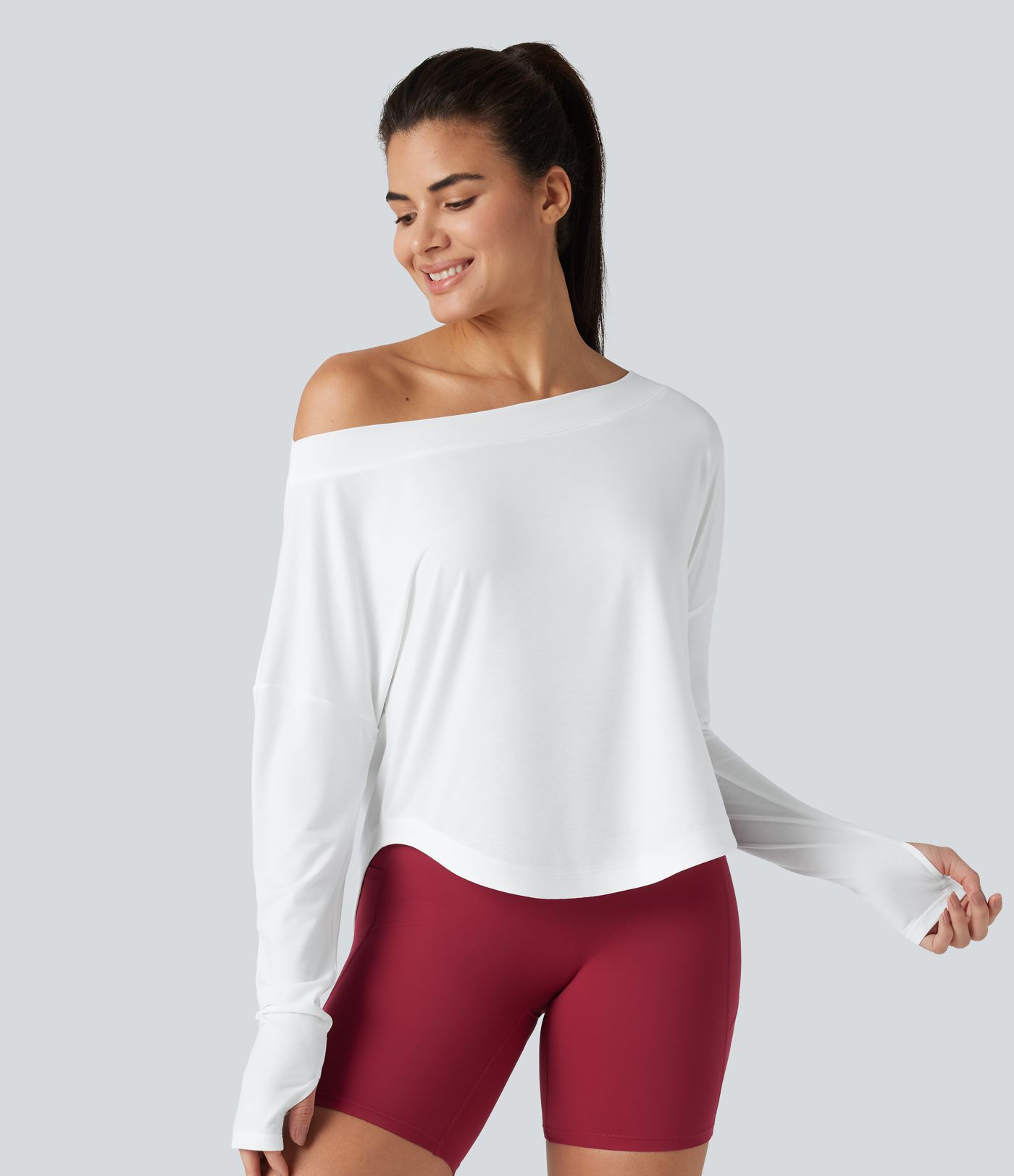 One Shoulder Long Sleeve Thumb Hole Curved Hem High Low Quick Dry Yoga Sports Top
