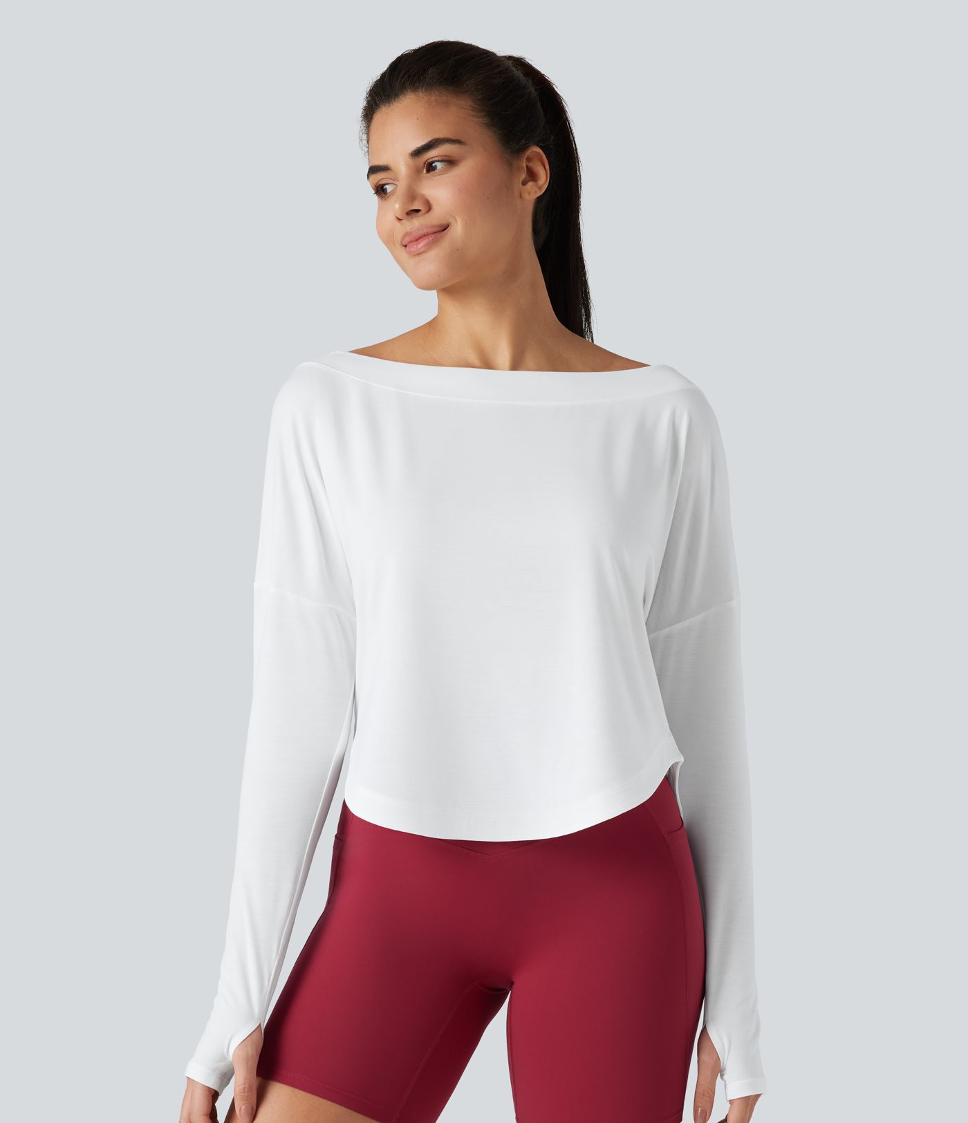 One Shoulder Long Sleeve Thumb Hole Curved Hem High Low Quick Dry Yoga Sports Top