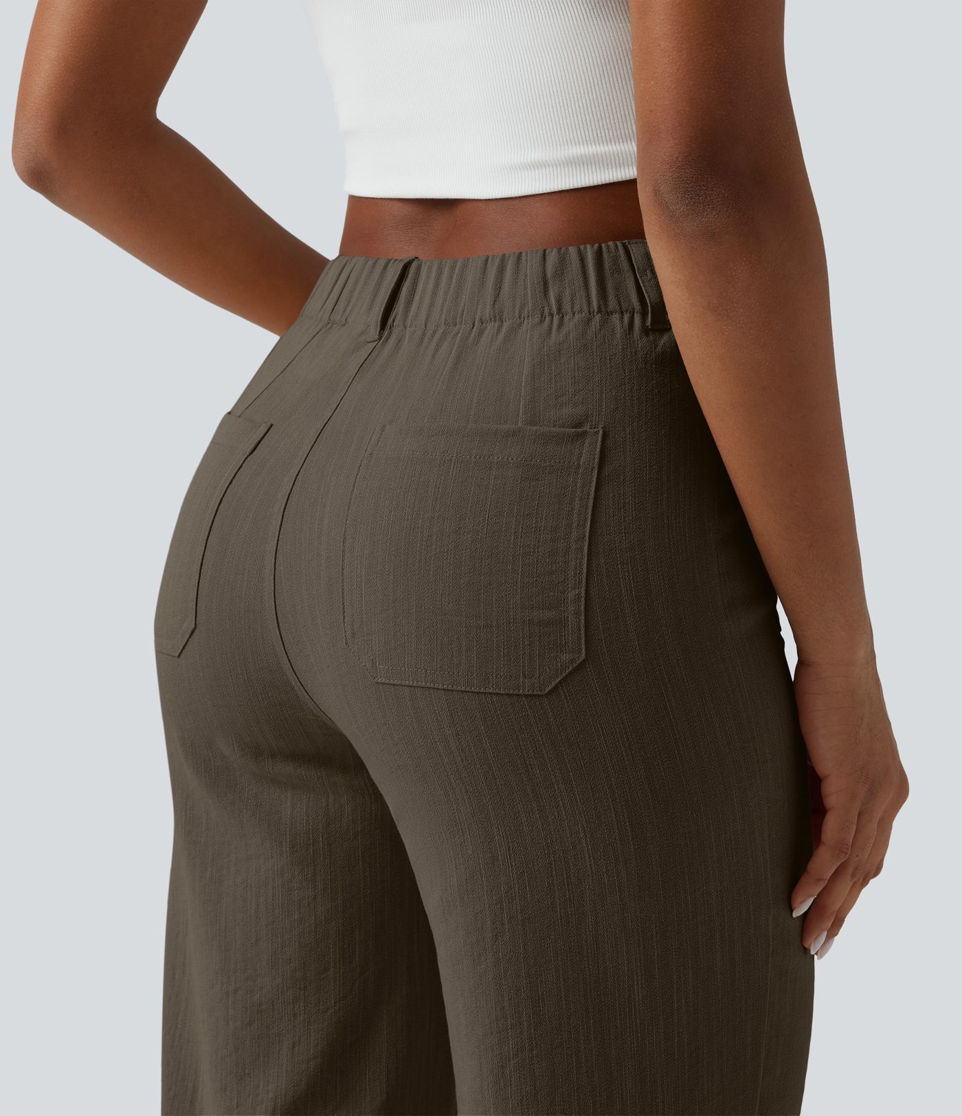 High Waisted Straight Leg Casual Linen-Feel Pants with Pockets