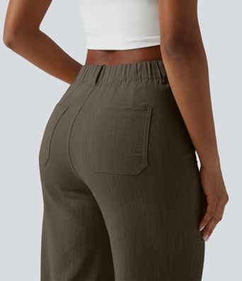 High Waisted Straight Leg Casual Linen-Feel Pants with Pockets