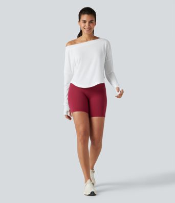 One Shoulder Long Sleeve Thumb Hole Curved Hem High Low Quick Dry Yoga Sports Top