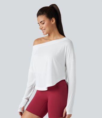 One Shoulder Long Sleeve Thumb Hole Curved Hem High Low Quick Dry Yoga Sports Top