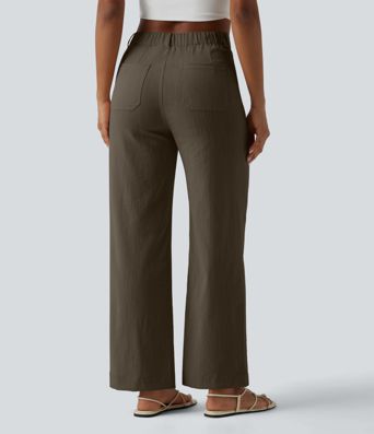 High Waisted Straight Leg Casual Linen-Feel Pants with Pockets