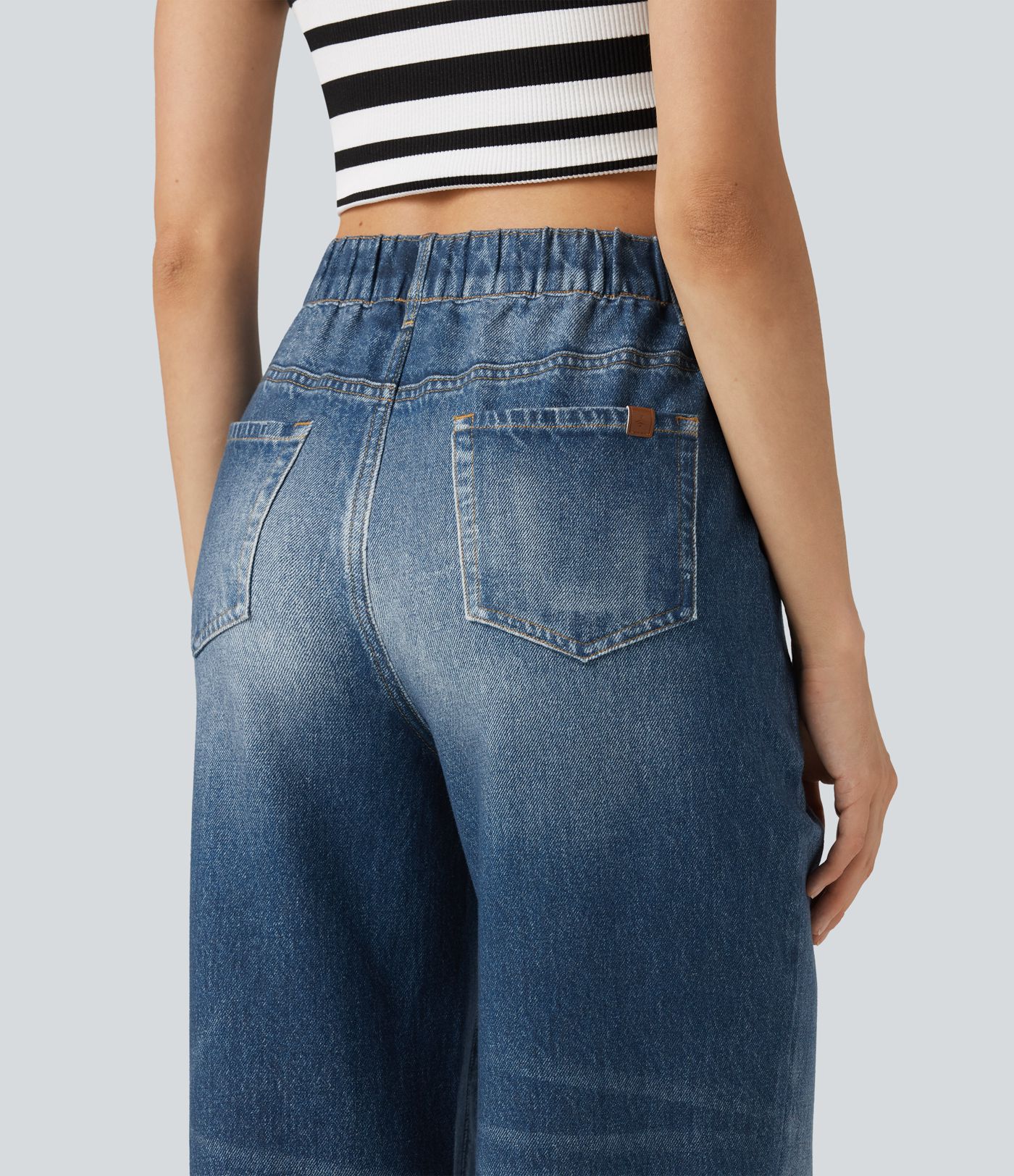 High Waisted Denim Print French Terry Casual Joggers with Pockets High Waisted Denim Print French Terry Casual Joggers with Pockets