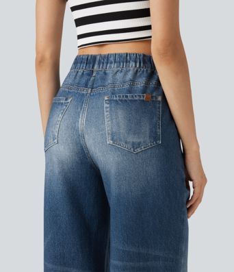 High Waisted Denim Print French Terry Casual Joggers with Pockets High Waisted Denim Print French Terry Casual Joggers with Pockets