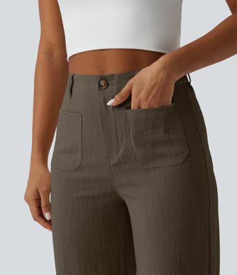High Waisted Straight Leg Casual Linen-Feel Pants with Pockets