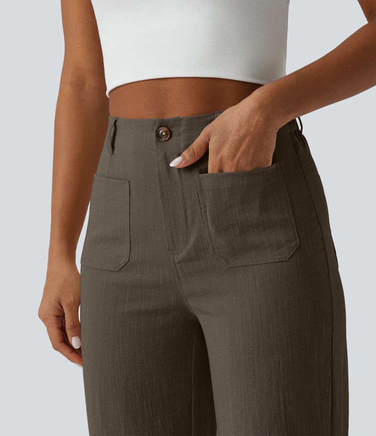 High Waisted Straight Leg Casual Linen-Feel Pants with Pockets
