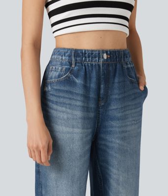 High Waisted Denim Print French Terry Casual Joggers with Pockets High Waisted Denim Print French Terry Casual Joggers with Pockets