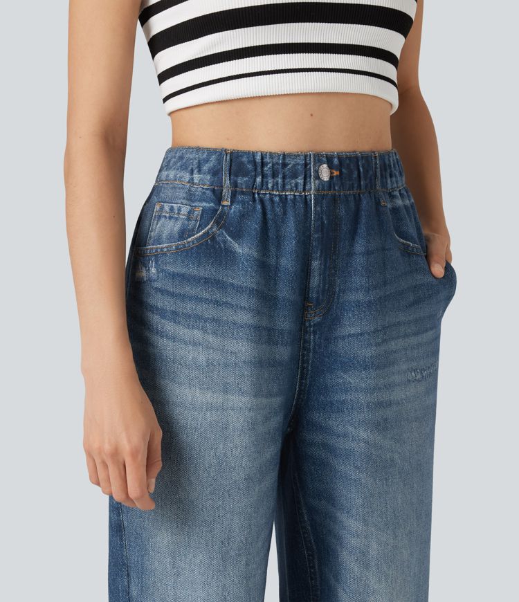 High Waisted Denim Print French Terry Casual Joggers with Pockets High Waisted Denim Print French Terry Casual Joggers with Pockets