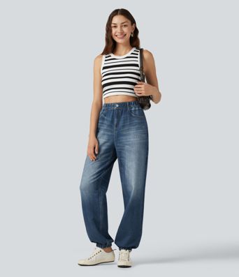 High Waisted Denim Print French Terry Casual Joggers with Pockets High Waisted Denim Print French Terry Casual Joggers with Pockets