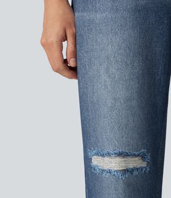 High Waisted Denim Print French Terry Casual Sweatpants Jeans with Pockets