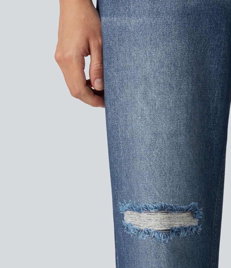 High Waisted Denim Print French Terry Casual Sweatpants Jeans with Pockets