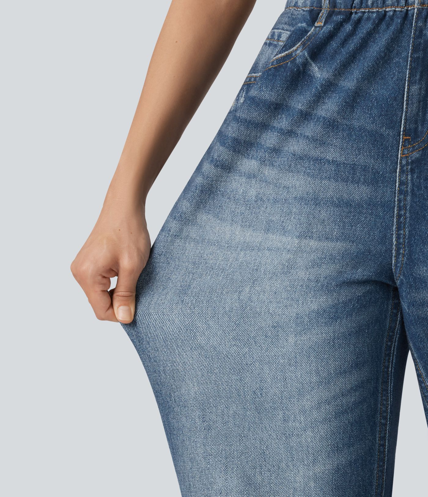 High Waisted Denim Print French Terry Casual Joggers with Pockets High Waisted Denim Print French Terry Casual Joggers with Pockets