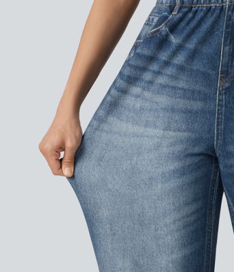 High Waisted Denim Print French Terry Casual Joggers with Pockets High Waisted Denim Print French Terry Casual Joggers with Pockets