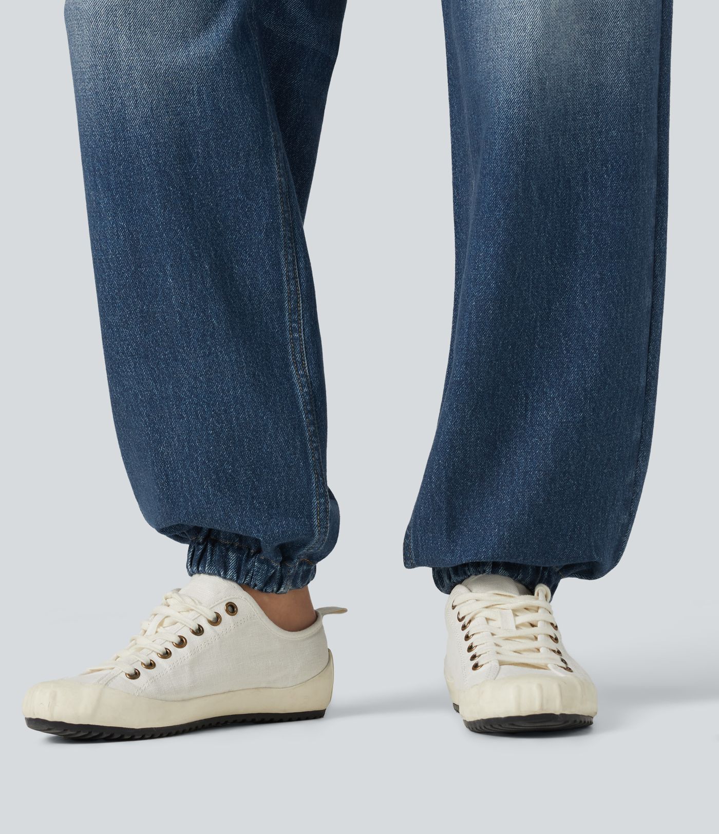 High Waisted Denim Print French Terry Casual Joggers with Pockets High Waisted Denim Print French Terry Casual Joggers with Pockets