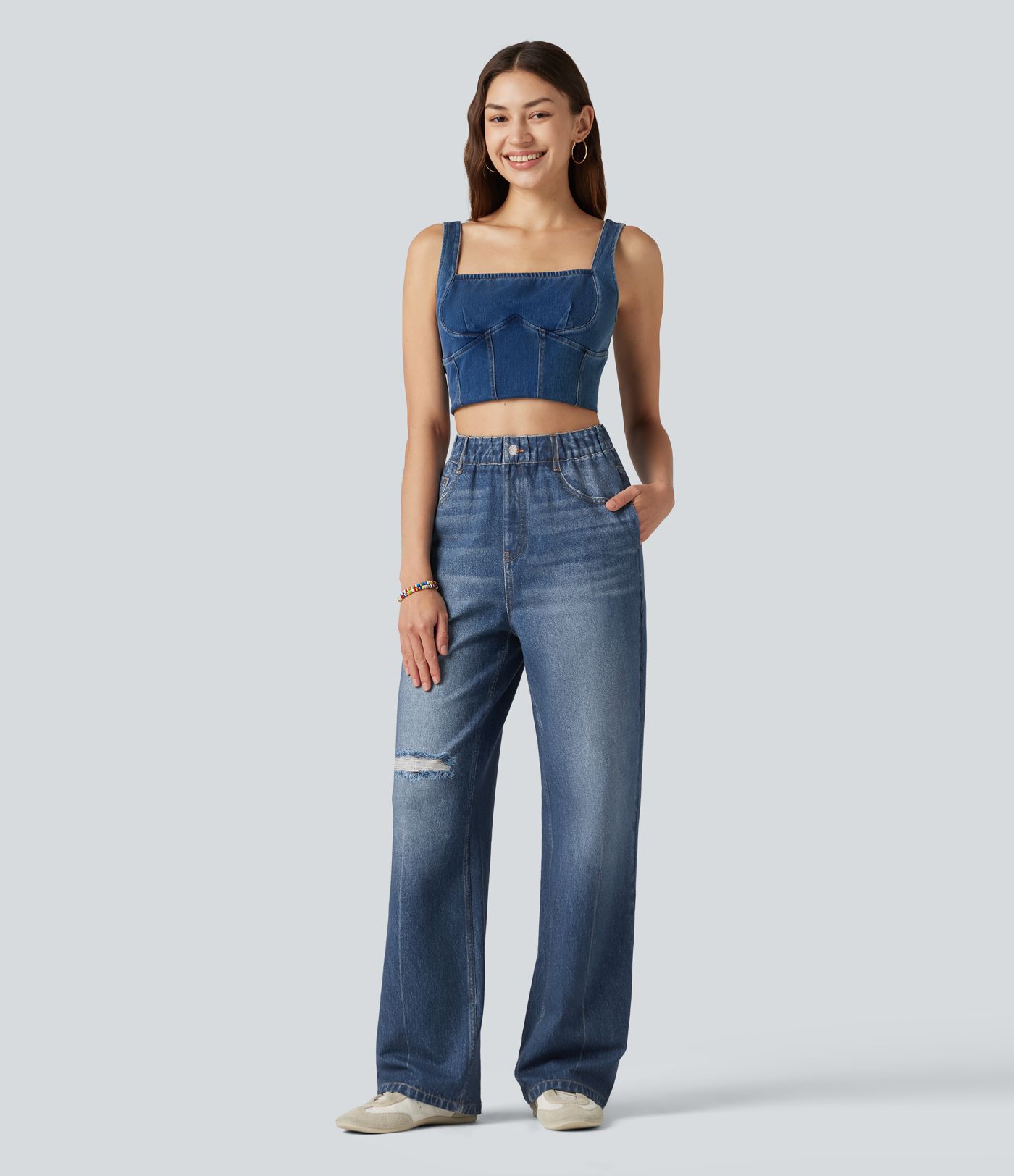 High Waisted Denim Print French Terry Casual Sweatpants Jeans with Pockets